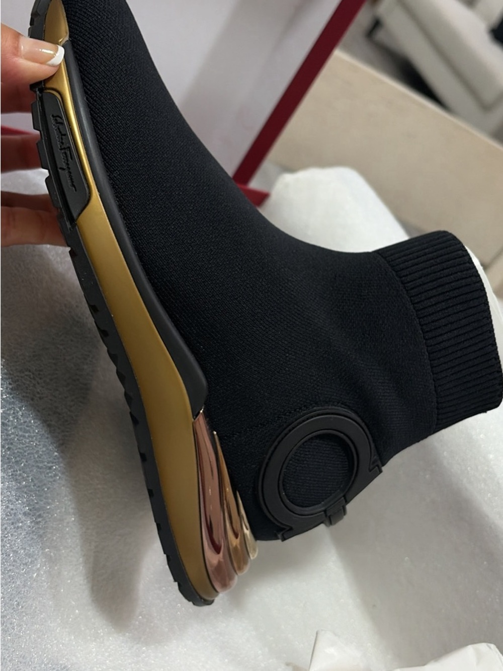 Salvatore Ferragamo Black Knit Sock Sneaker with Gold Accent